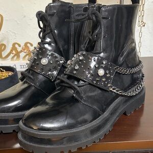 Jessica Simpson Black Studded Pearl Accent Lace-Up Combat Boots